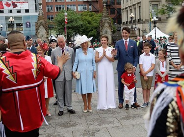Prince Charles, Prince of Wales, Camilla, Duchess of Cornwall, Sophie Grégoire Trudeau, Justin Trudeau, Hadrien Trudeau, Xavier Trudeau and Ella-Grace Trudeau arrive for Canada Day celebrations on Parliament Hill during a 3 day official visit to Canada on July 1, 2017 in Ottawa.