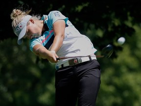 Smiths Falls' Brooke Henderson hits her tee shot on the third hole during the third round of the 2017 KPMG PGA Championship at Olympia Fields Country Club on Saturday. Gregory Shamus/Getty Images