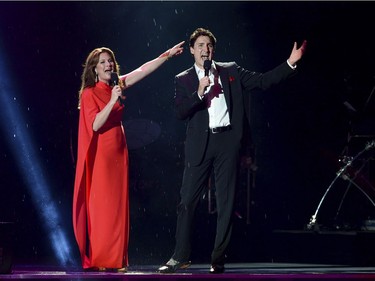 Canadian Prime Minister Justin Trudeau and wife Sophie Gregoire Trudeau perform during the evening ceremonies of Canada's 150th anniversary of Confederation, in Ottawa on Saturday, July 1, 2017.