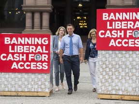 Ontario PC leader Patrick Brown addresses media in front of Queen's Park in Toronto, Ont. on Friday July 14, 2017.