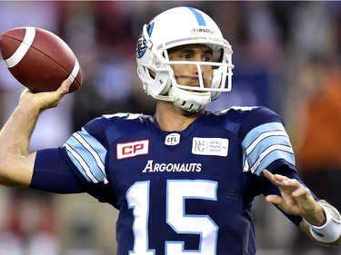 Toronto Argonauts quarterback Ricky Ray (15) looks for the pass during first half CFL action against the Ottawa Redblacks, in Toronto, Monday, July 24, 2017.