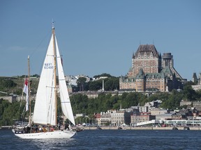 Her Majesty's Canadian Ship ORIOLE participates in a formation sail past at the Port of Quebec during Rendez-vous 2017 in Quebec City, Quebec Canada on July 23, 2017. 
  
Photo: Corporal Andrew Kelly, Canadian Forces Combat Camera
IS13-2017-0004-034