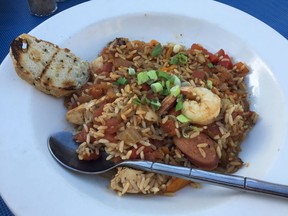 Jambalaya (shrimp, chicken and andouille sausage, tossed in a tomato creole sauce, over a bed of rice served with daily bread) at South Branch Bistro
