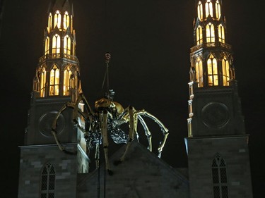 Kumo, the spider from La Machine on Notre Dame Cathedral in Ottawa, July 27, 2017.