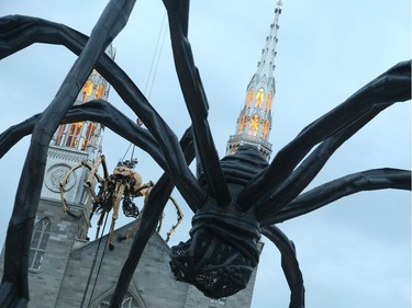 Kumo, the spider from La Machine on Notre Dame Cathedral in Ottawa, July 27, 2017.