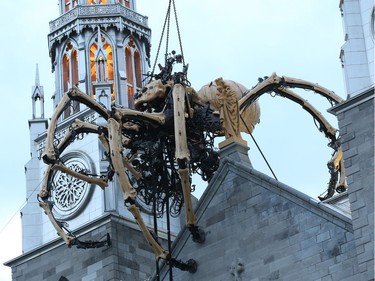 Kumo, the spider from La Machine on Notre Dame Cathedral in Ottawa, July 27, 2017.