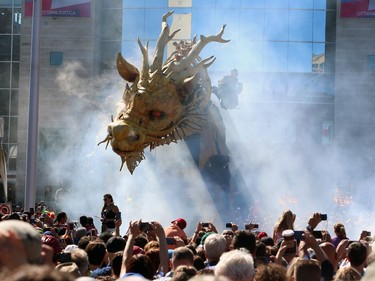 A giant mechanical dragon gets ready to roam the streets of Ottawa in a four-day urban theatre performance involving a 45-ton half-dragon half-horse that towers 12 metres high. Long Ma, named after a Chinese mythological half-dragon half-horse, is shown leaving the grounds of Ottawa's City Hall, Friday, July 28, 2017.
