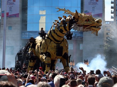 A giant mechanical dragon gets ready to roam the streets of Ottawa in a four-day urban theatre performance involving a 45-ton half-dragon half-horse that towers 12 metres high. Long Ma, named after a Chinese mythological half-dragon half-horse, is shown leaving the grounds of Ottawa's City Hall, Friday, July 28, 2017