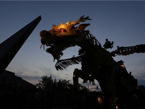 La Machine's mechanical dragon-horse Long Ma walked from Chaudière Falls to meet its giant spider counterpart Kumo at the National War Museum for their grand finale on Sunday.