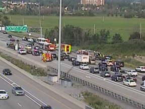 Responders at scene of five-car crash on Hwy 417 near March Road.