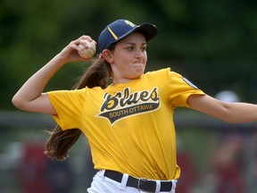 Danika St. Louis pitches during a Majors game in Ottawa Ontario. Danika is a pitcher for the South Ottawa Blues Majors and is the only girl participating in the 2017 Major Provincial Championships in Perth this week.