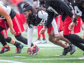 Defensive back CJ Roberts on the line as the Ottawa Redblacks practice at TD Place.