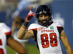 Brad Sinopoli of the Ottawa Redblacks celebrates touchdown against the Toronto Argos at BMO field in Toronto during CFL action in Toronto, Ont. on Monday July 24, 2017.