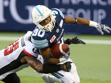 Marlese Jackson of the Toronto Argos gets away from Keelan Jackson of the Ottawa Redblacks at BMO field in Toronto during CFL action in Toronto, Ont. on Monday July 24, 2017.