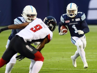Johnny Sears Jr of the Toronto Argos runs the ball against the Ottawa Redblacks at BMO field in Toronto during CFL action in Toronto, Ont. on Monday July 24, 2017.