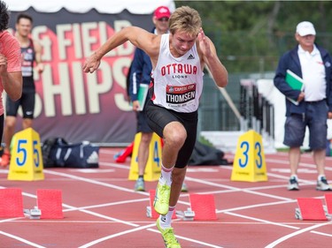 Decathlete Jordan Thomsen competes in the 100m sprint as the Canadian Track and Field Championships get underway at the Terry Fox Athletic Facility.