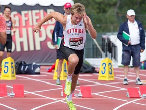 Decathlete Jordan Thomsen competes in the 100 metres on Monday during under-20 Pan-Am Combined Events/Capital Cup at the Terry Fox Athletics Facility.  Wayne Cuddington/Postmedia