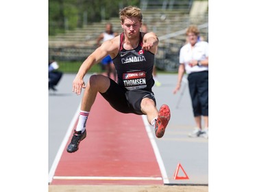 Decathlete Ryan Thomsen during the long jump as the Canadian Track and Field Championships get underway at the Terry Fox Athletic Facility.