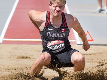 Decathlete Ryan Thomsen during the long jump as the Canadian Track and Field Championships get underway at the Terry Fox Athletic Facility.
