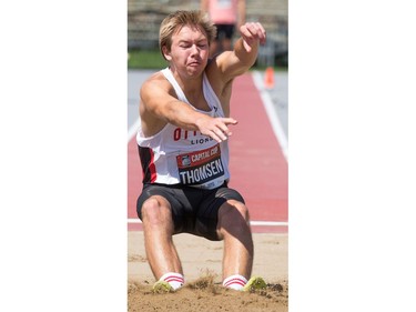 Decathlete Jordan Thomsen during the long jump as the Canadian Track and Field Championships get underway at the Terry Fox Athletic Facility.