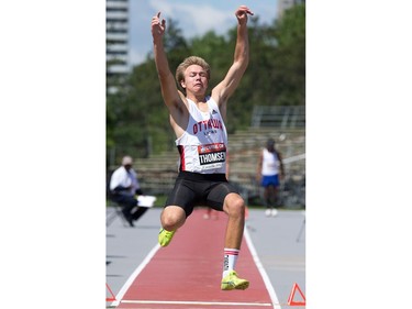 Decathlete Jordan Thomsen during the long jump as the Canadian Track and Field Championships get underway at the Terry Fox Athletic Facility.