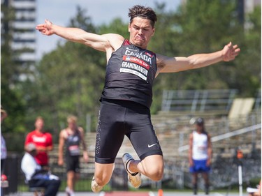 Decathlete Laurent Grandmangin during the long jump as the Canadian Track and Field Championships get underway at the Terry Fox Athletic Facility.