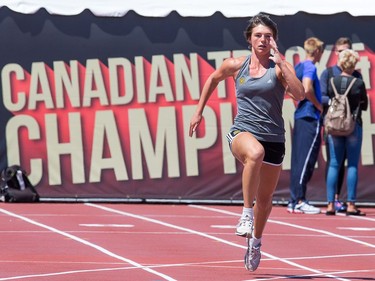 Heptathlete Jordan Gray practices as the Canadian Track and Field Championships get underway at the Terry Fox Athletic Facility.