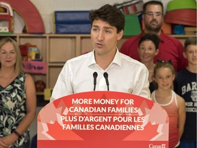 Prime Minister Justin Trudeau speaks to the media at the Barrie Community Centre in Barrie, Ont. on Thursday, July 20, 2017.