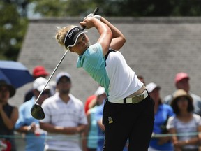 Brooke Henderson tees off on the first hole during the final round of the U.S. Women's Open on Sunday at Bedminster, N.J. AP Photo/Julie Jacobson