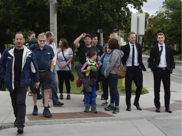 Senators centre Kyle Turris, right, and former Senators forward Erik Condra, beside him, were among the guests of the Karlsson wedding arriving at the National Gallery of Canada on Saturday, Aug. 5, 2017.