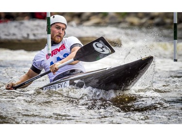 Cameron Smedley of Dunrobin competes in the C1 senior men's event during the finals of Canoe Kayak Canada's Canoe Slalom National Championships at The Pumphouse Course in Ottawa on Sunday.   Ashley Fraser/Postmedia