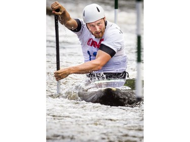 Cameron Smedley of Dunrobin competes in the C1 senior men's event during the finals of Canoe Kayak Canada's Canoe Slalom National Championships at The Pumphouse Course in Ottawa on Sunday.   Ashley Fraser/Postmedia
