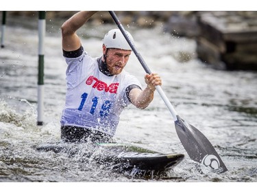 Cameron Smedley of Dunrobin competes in the C1 senior men's event during the finals of Canoe Kayak Canada's Canoe Slalom National Championships at The Pumphouse Course in Ottawa on Sunday.   Ashley Fraser/Postmedia