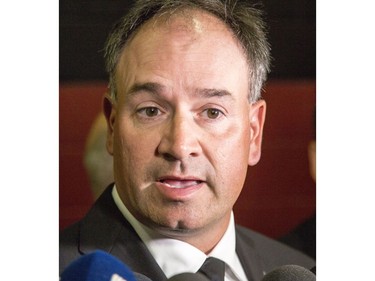 Ottawa Senators GM Pierre Dorion speaks to the media before a celebration of life service for former Ottawa Senators general manager and coach, Bryan Murray, at the Canadian Tire Centre Thursday,