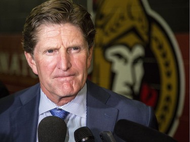 Mike Babcock, head coach of the Toronto Maple Leafs, speaks to the media before a celebration of life service for former Ottawa Senators general manager and coach, Bryan Murray, at the Canadian Tire Centre Thursday, August 24, 2017.