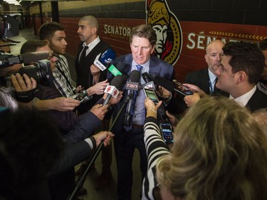 Mike Babcock, head coach of the Toronto Maple Leafs, speaks to the media before a celebration of life service for former Ottawa Senators general manager and coach, Bryan Murray, at the Canadian Tire Centre Thursday, August 24, 2017.(Darren Brown/Postmedia) Neg: 127293

127293
Darren Brown, Postmedia