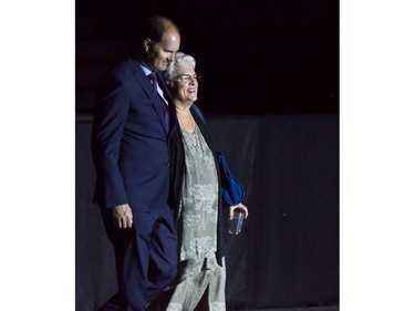 Bryan Murray's wife, Geri, right, arrives during a celebration of life service for former Ottawa Senators general manager and coach, Bryan Murray, at the Canadian Tire Centre Thursday, August 24, 2017.