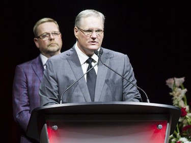 Dean Brown speaks during a celebration of life service for former Ottawa Senators general manager and coach, Bryan Murray, at the Canadian Tire Centre Thursday, August 24, 2017.