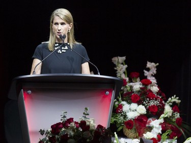 Lynn Hearty-Coutts, Bryan Murray's niece, speaks during a celebration of life service for former Ottawa Senators general manager and coach, Bryan Murray, at the Canadian Tire Centre Thursday, August 24, 2017.