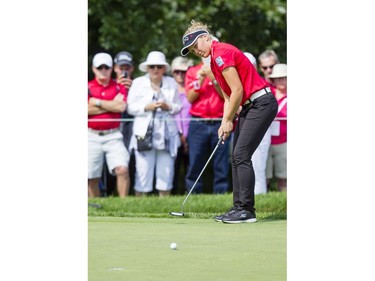 Brooke Henderson reacts to narrowly missing a putt during the second round of the CP Women's Open at the Ottawa Hunt and Golf Club in Ottawa Friday, August 25, 2017.