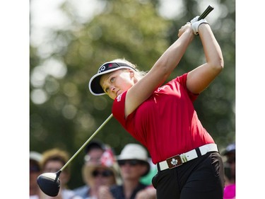 Brooke Henderson tees off from the 14th hole during the second round of the CP Women's Open at the Ottawa Hunt and Golf Club in Ottawa Friday, August 25, 2017.