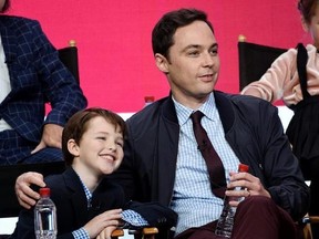 Iain Armitage, left, a cast member in the CBS series &ampquot;Young Sheldon,&ampquot; and executive producer/narrator Jim Parsons take part in a panel discussion during the 2017 Television Critics Association Summer Press Tour on Tuesday, August 1, 2017, in Beverly Hills, Calif. (Photo by Chris Pizzello/Invision/AP)