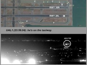This composite of images released by the National Transportation Safety Board (NTSB) shows Air Canada flight 759 (ACA 759) attempting to land at the San Francisco International Airport in San Francisco on July 7, bottom. At top is a map of the runway created from Harris Symphony OpsVue radar track data analysis. At center is from a transmission to air traffic control from a United Airlines airplane on the taxiway. The bottom image was taken from San Francisco International Airport video and anno