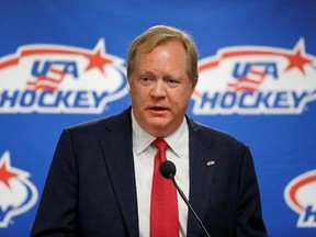 Jim Johannson speaks during a news conference in Plymouth, Mich., Friday, Aug. 4, 2017. Longtime USA Hockey executive Jim Johannson will serve as general manager for the U.S. men&#039;s hockey team at the 2018 Olympics. Tony Granato will be the team&#039;s coach. . (AP Photo/Paul Sancya)