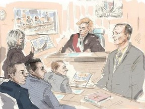 In this artist&#039;s sketch, lawyer Joanne Mulcahy (left) questions Det.- Sgt. Jeffrey Attenborough (right) in front of Justice Anne Molloy at the sexual assault trial for Toronto police officers (bottom, left to right) Joshua Cabero, Sameer Kara and Leslie Nyznik in Toronto on Monday, June 5, 2017. A judgement is expected today at the trial of three Toronto police officers accused of sexually assaulting a female colleague after a night of partying and drinking.The woman -- a parking enforcement off