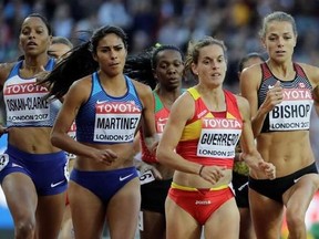 Britain&#039;s Shelayna Oskan-Clarke, United States&#039; Brenda Martinez, Spain&#039;s Esther Guerrero and Canada&#039;s Melissa Bishop, from left, race in a Women&#039;s 800m heat during the World Athletics Championships in London, Thursday, Aug. 10, 2017. (AP Photo/David J. Phillip)