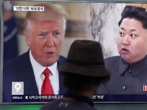 A man watches a television screen showing U.S. President Donald Trump, left, and North Korean leader Kim Jong Un during a news program at the Seoul Train Station in Seoul, South Korea, Thursday, Aug. 10, 2017. President Donald Trump&#039;s avowal to unleash &ampquot;fire and fury&ampquot; on North Korea in response to any military strikes against the U.S. has raised the spectre of a nuclear confrontation between the countries, ratcheting up public anxiety about the potential for such a devastating event.