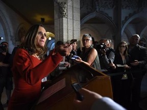 Foreign Affairs Minister Chrystia Freeland holds a press conference on Parliament Hill in Ottawa on Monday, Aug. 14, 2017. THE CANADIAN PRESS/Sean Kilpatrick