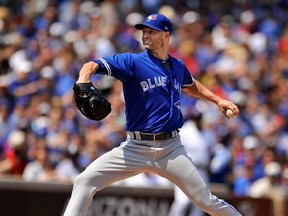 Toronto Blue Jays starter J.A. Happ delivers a pitch during the first inning of a baseball game against the Chicago Cubs, Friday, Aug. 18, 2017, in Chicago. (AP Photo/Paul Beaty)