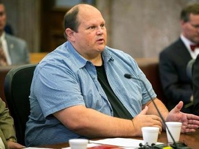 FILE - In this June 29, 2017, file photo, Eddie Tipton, the former Multi-State Lottery Association information security director who admitted to masterminding a scheme to rig lottery games that paid him and others $2 million from seven fixed jackpots in five states, is seen in court in Des Moines, Iowa. Tipton is scheduled to be sentenced Tuesday, Aug. 22. (Rodney White/The Des Moines Register via AP, File)